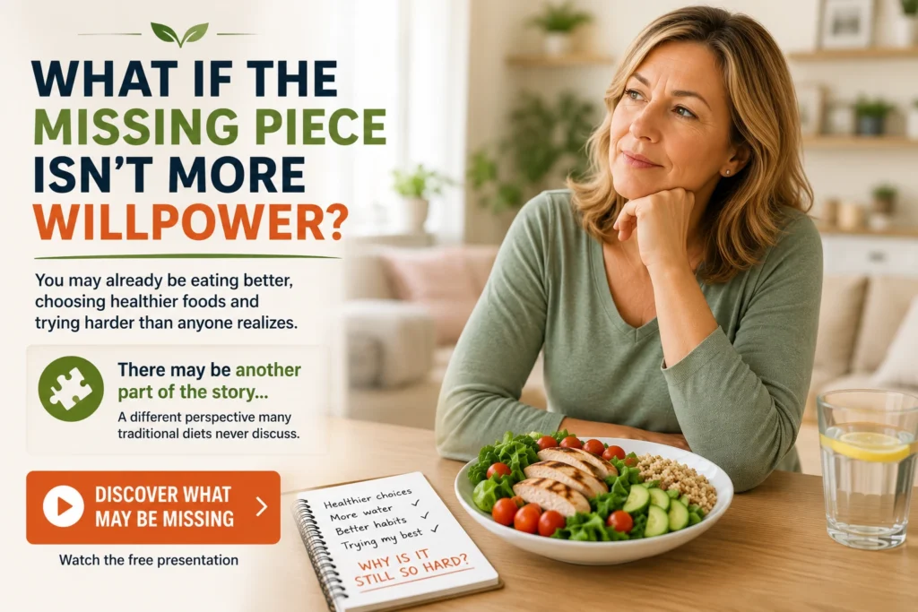 Woman over 40 looking at a healthy meal while wondering if healthy weight loss requires more than willpower after trying healthier habits without the expected results.