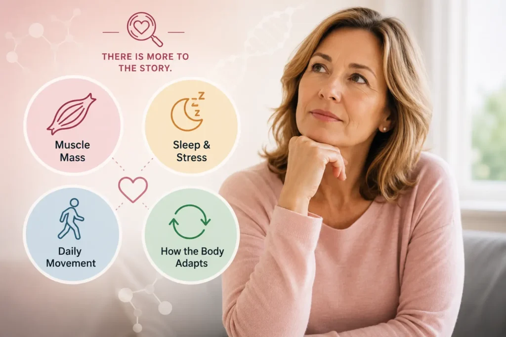 Woman reflecting on midlife weight changes with illustrations representing muscle mass, sleep, daily movement and metabolism during menopause.