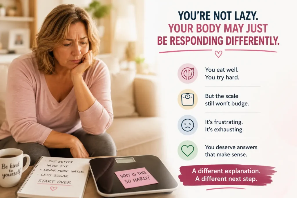 Woman over 50 noticing stubborn belly weight and wondering why her body no longer responds to the same weight loss habits during midlife.