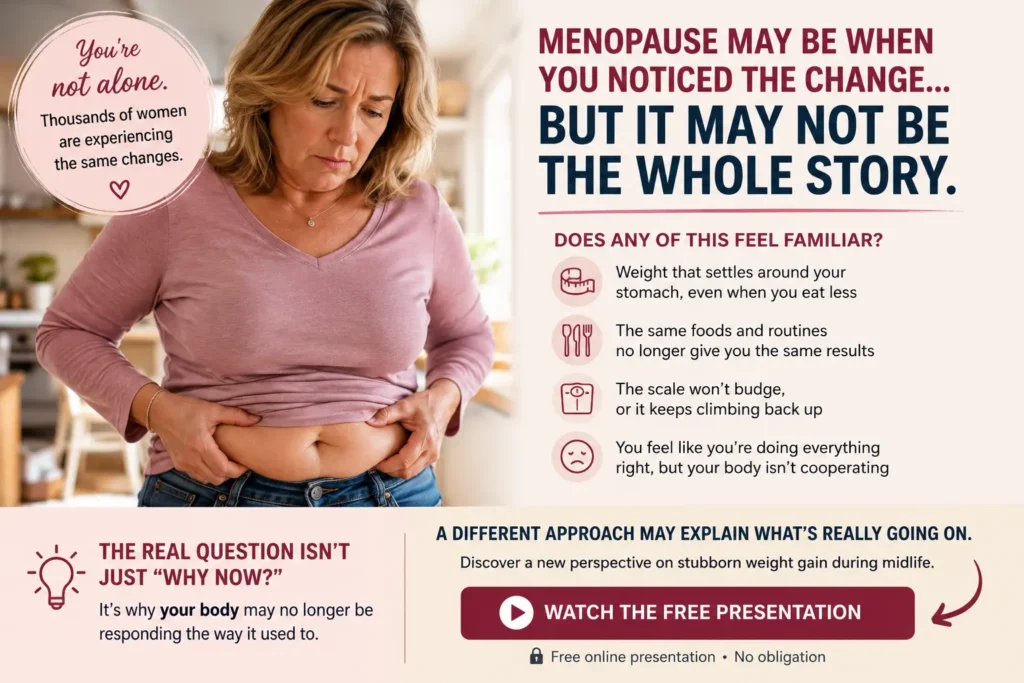 Woman over 50 noticing stubborn belly weight and wondering why her body no longer responds to the same weight loss habits during midlife.