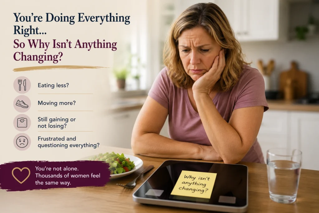Woman over 40 looking frustrated at a scale after eating healthy and trying to lose weight without seeing results.