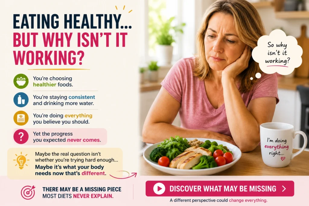Woman over 40 eating a healthy meal while wondering why she is not losing weight despite making healthier lifestyle choices and staying consistent.