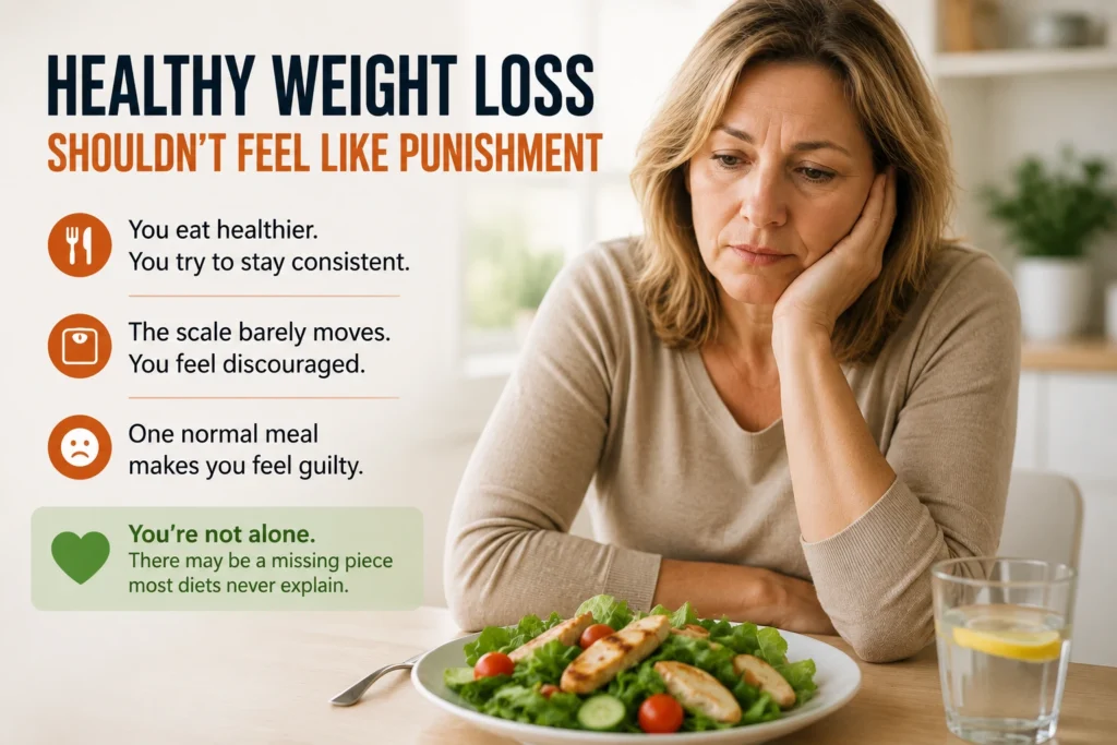 Woman over 40 looking discouraged after eating a healthy meal and wondering why healthy weight loss still feels difficult despite making better lifestyle choices.