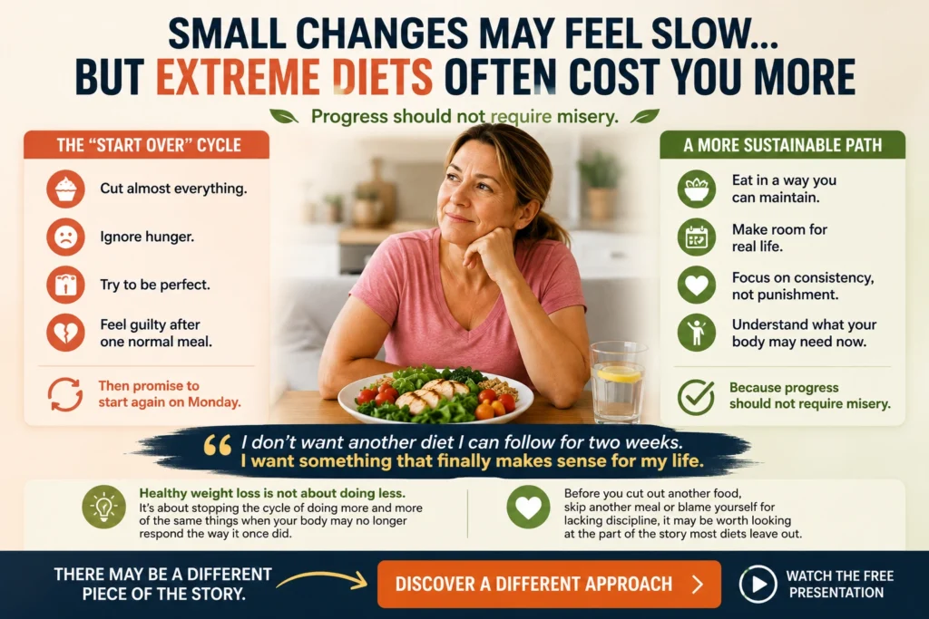 Woman over 40 comparing extreme diets with a sustainable approach to healthy weight loss while choosing balanced meals and long-term lifestyle habits.
