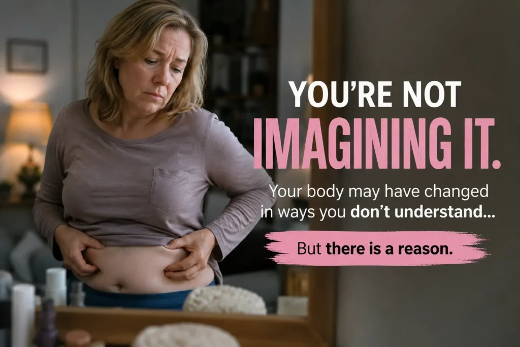 Woman over 50 looking at her waist in the mirror while struggling with menopause weight gain and body changes after 40.