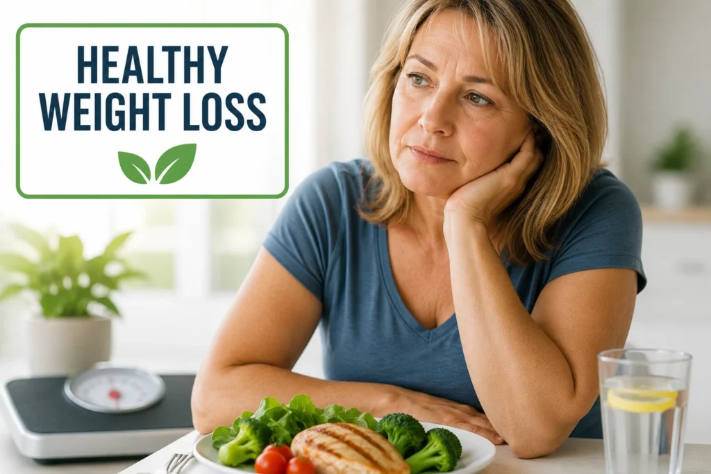 Woman over 40 looking at a healthy meal while wondering why healthy weight loss feels harder despite making better lifestyle choices.