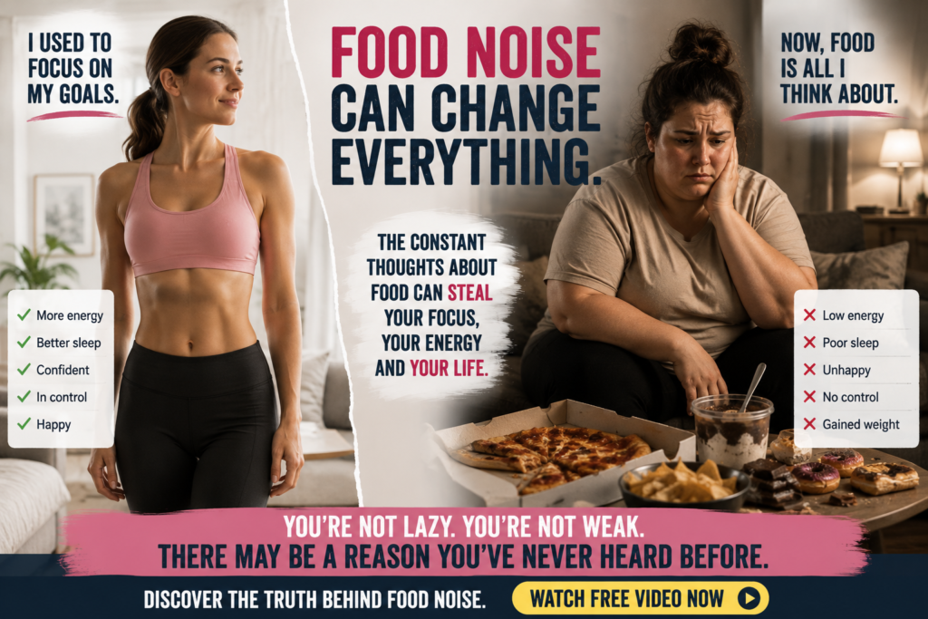 What Is Food Noise? Split image showing a woman before and after constant food thoughts, illustrating the progression from feeling in control to struggling with weight gain and food noise.
