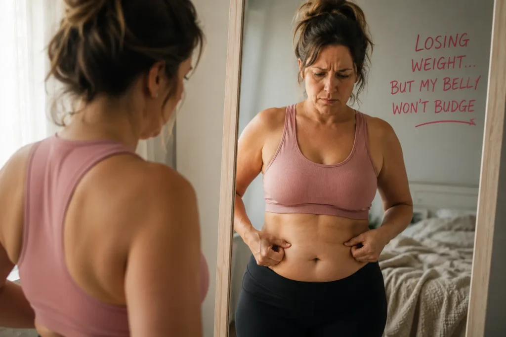 Woman over 40 looking at her reflection and holding her belly, frustrated because she is losing weight but stubborn belly fat has not changed.