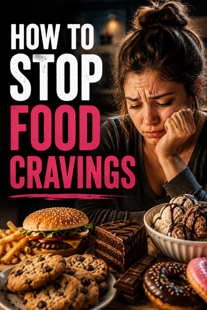 How to Stop Food Cravings: woman struggling with powerful food cravings while trying to resist burgers, cookies, chocolate and other comfort foods during her weight loss journey.