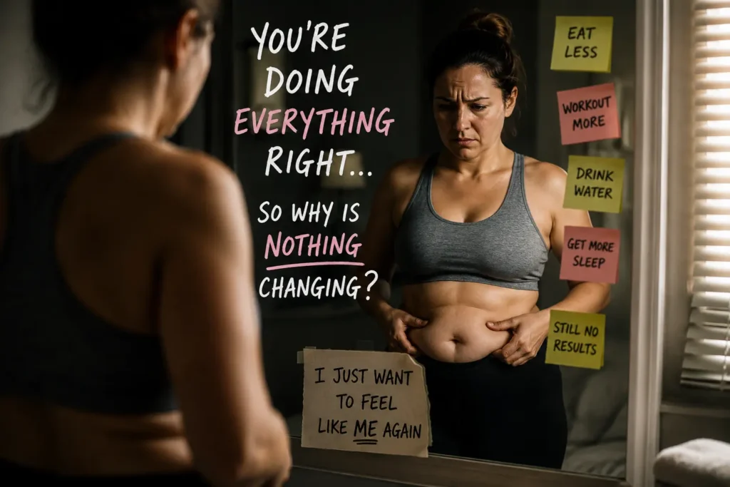 Woman over 40 looking at herself in the mirror feeling frustrated after dieting, exercising and eating less without seeing the weight loss she expected.