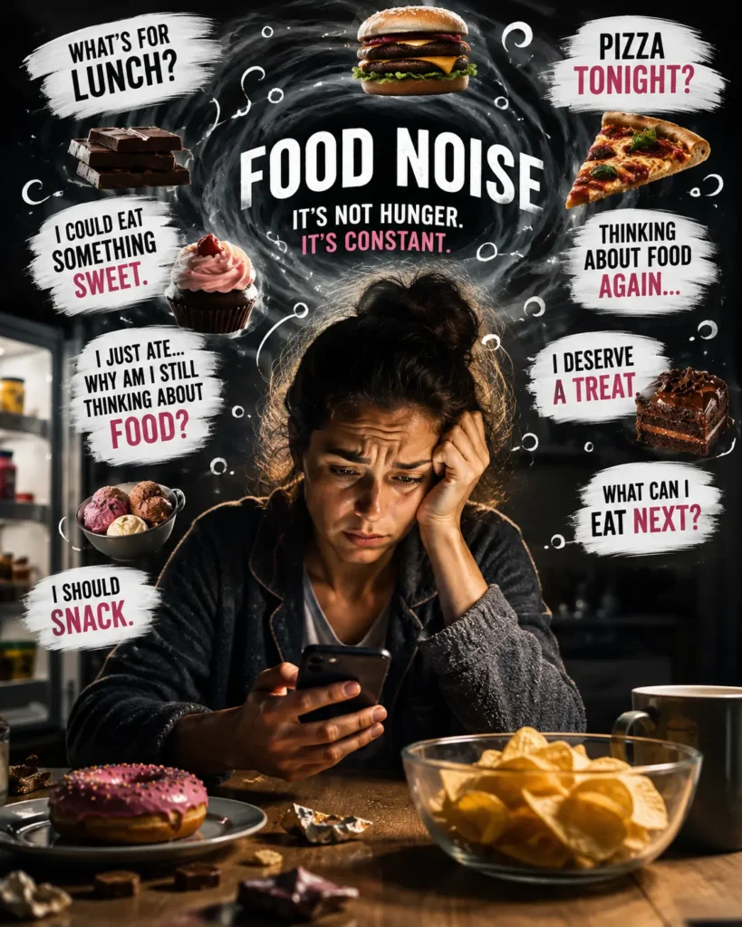 What Is Food Noise? Woman overwhelmed by constant thoughts about food while sitting alone at night, thinking about her next meal even though she is not hungry.