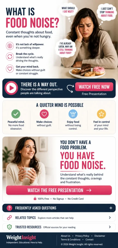 What Is Food Noise? Woman feeling relieved after learning about food noise and constant thoughts about food, with a call to watch a free presentation.