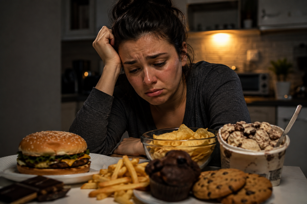 Woman sitting in her kitchen feeling emotionally overwhelmed while staring at burgers, fries, cookies and ice cream, representing intense food cravings and the daily struggle to lose weight.