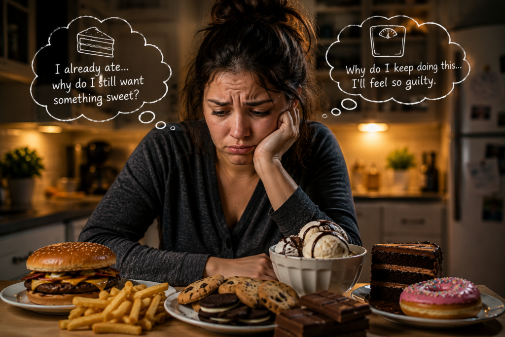 Woman sitting alone in her kitchen at night feeling frustrated while looking at burgers, fries, cookies, chocolate and ice cream, representing emotional food cravings and the struggle to lose weight.