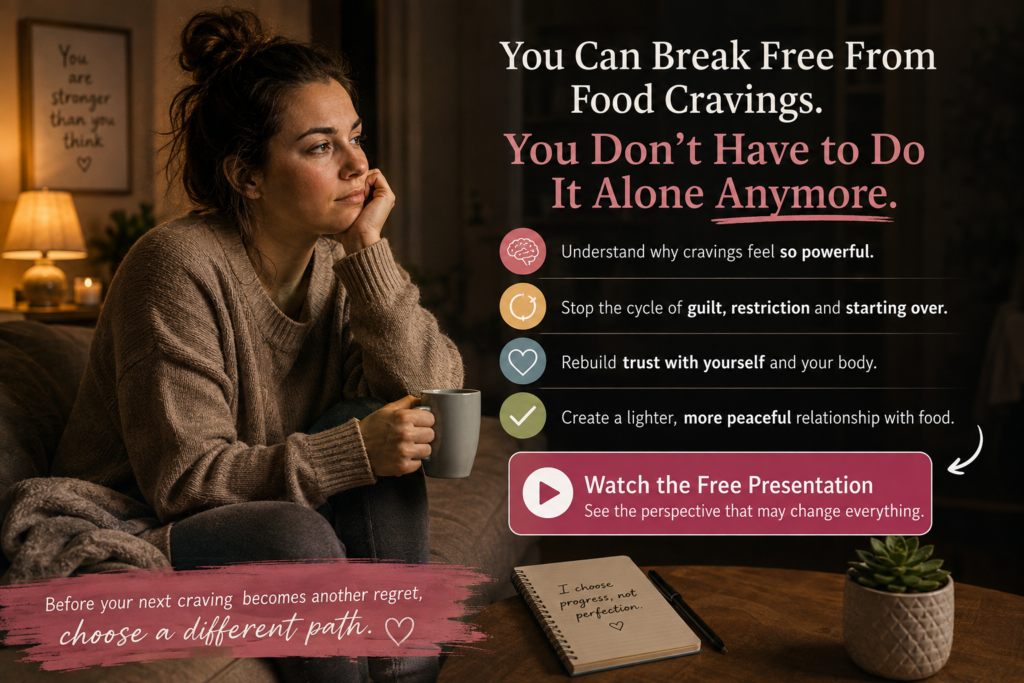 Woman sitting alone at home reflecting on her struggle with food cravings before deciding to take action toward healthier eating habits and long-term weight loss.