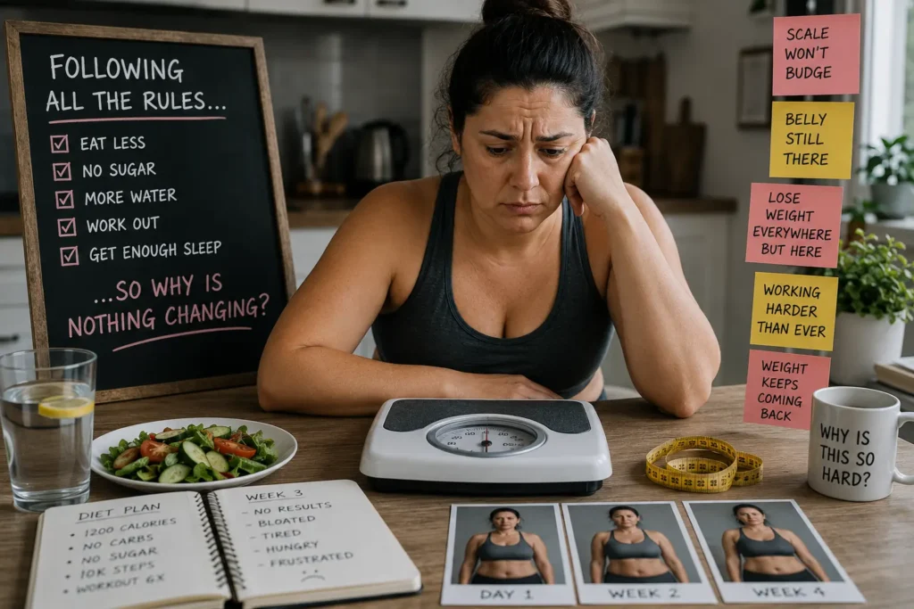 Woman over 40 feeling discouraged after early weight loss stopped despite eating less, exercising regularly and continuing to follow her diet.