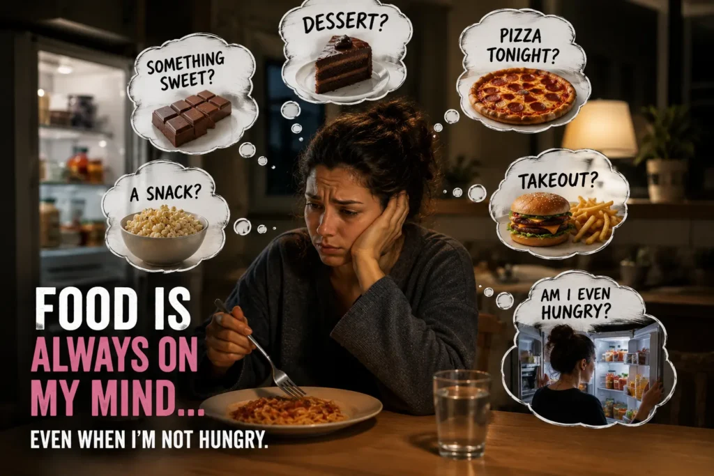 What Is Food Noise? Woman sitting at the dinner table thinking about her next meal even though she is not physically hungry.