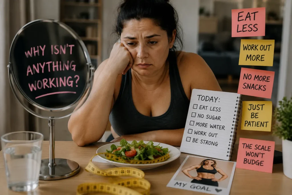 Woman over 40 feeling frustrated after trying diets, eating less and exercising while searching for how to lose weight fast without seeing the results she expected.